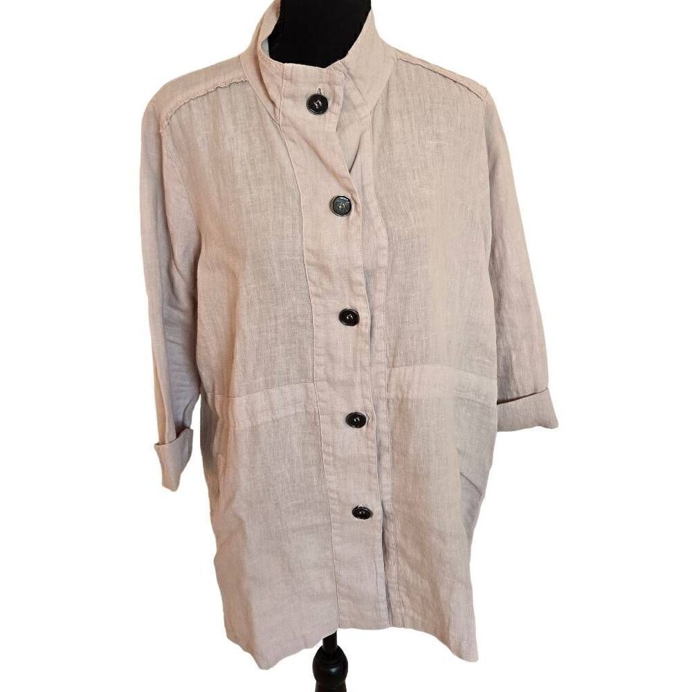 Focus Casual Life Womens Long Sleeve Mock Neck Button Front Jacket Beige Medium